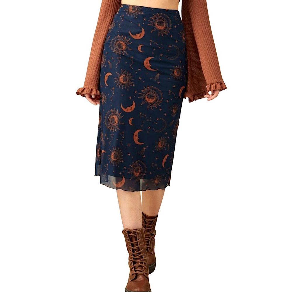 Vintage Style Navy Midi Skirt with Rust Celestial Print